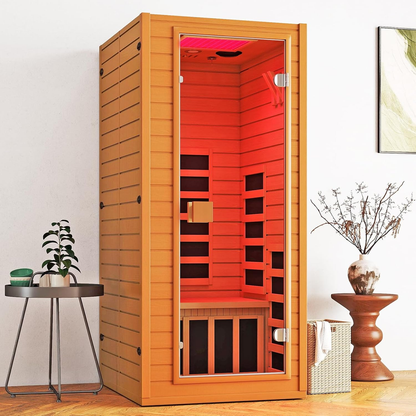 Infrared Sauna with 660 & 850Nm Red Light Therapy, Full Spectrum Sauna with 7 Heater, 1290W 120V, Fast Heat-Up, 1 Person Canadian Hemlock Wood Dry Sauna for Indoor, Home Gym, 31.5*30.3*67"