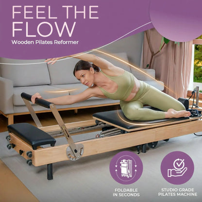 Foldable Wooden Pilates Reformer for Home, 70+ Guided Workouts