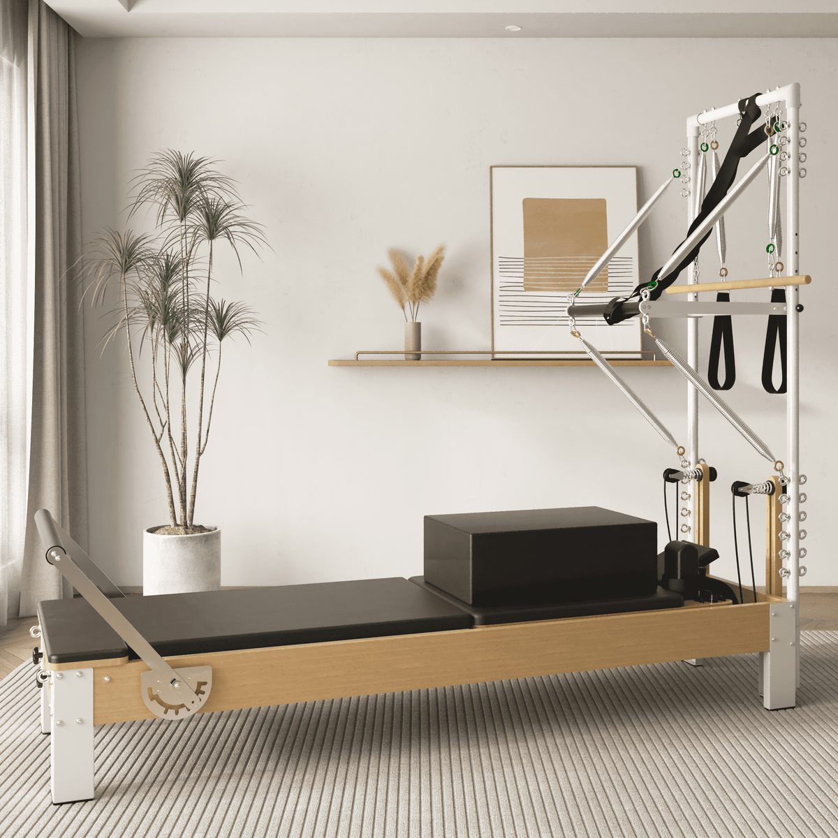 Pilates Reformer, Wooden Pilates Reformer Machine with Tower & Mat, Pilates Equipment for Home Workout and Studio, with Reformer Accessories, Sitting Box, Jump Board