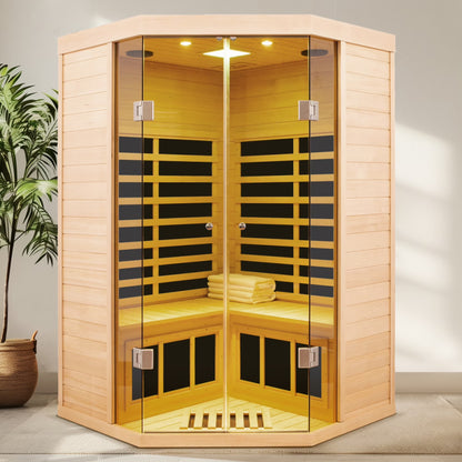 2-Person Corner Far Infrared Sauna Room - Hemlock Wood, Deluxe Transparent Glass Front, Large Capacity Home Sauna